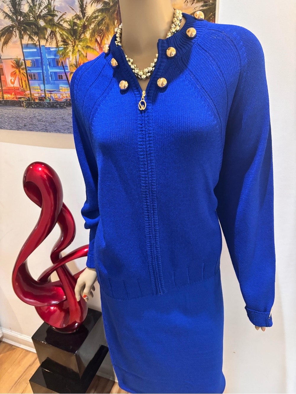 St. John Cobalt Royal Blue skirt suit Zip-Front Blazer Jacket Gold Buttons L